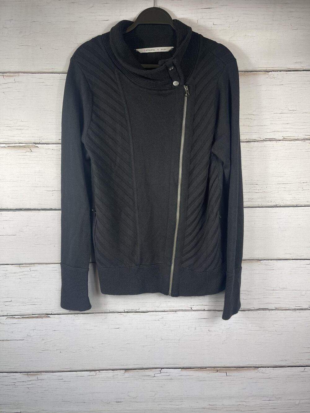 Athleta Cardigan Sweater Women's Size XL Gray Asymmetrical Full Zip Cowl Neck